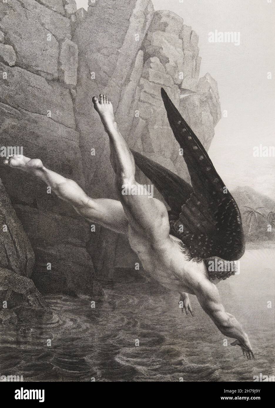 'Satan plongeant dans le styx' Gravure tiree de 'Le paradis perdu' de John Milton (1608-1674) traduit par Chateaubriand, 1868 ©Archives-Zephyr/Opale.photo *** Local Caption *** Stock Photo