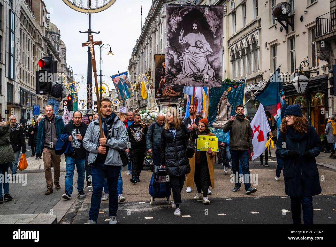 Religious protestors marching, Anti-vaccine protest, London, England, UK, 20/11/2021 Stock Photo