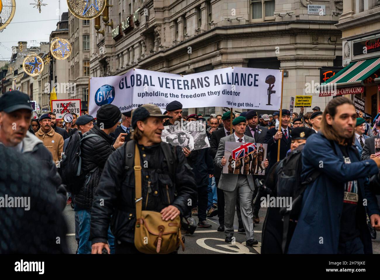 Global Veteran alliance at Anti-vaccine protest, London, England, UK, 20/11/2021 Stock Photo