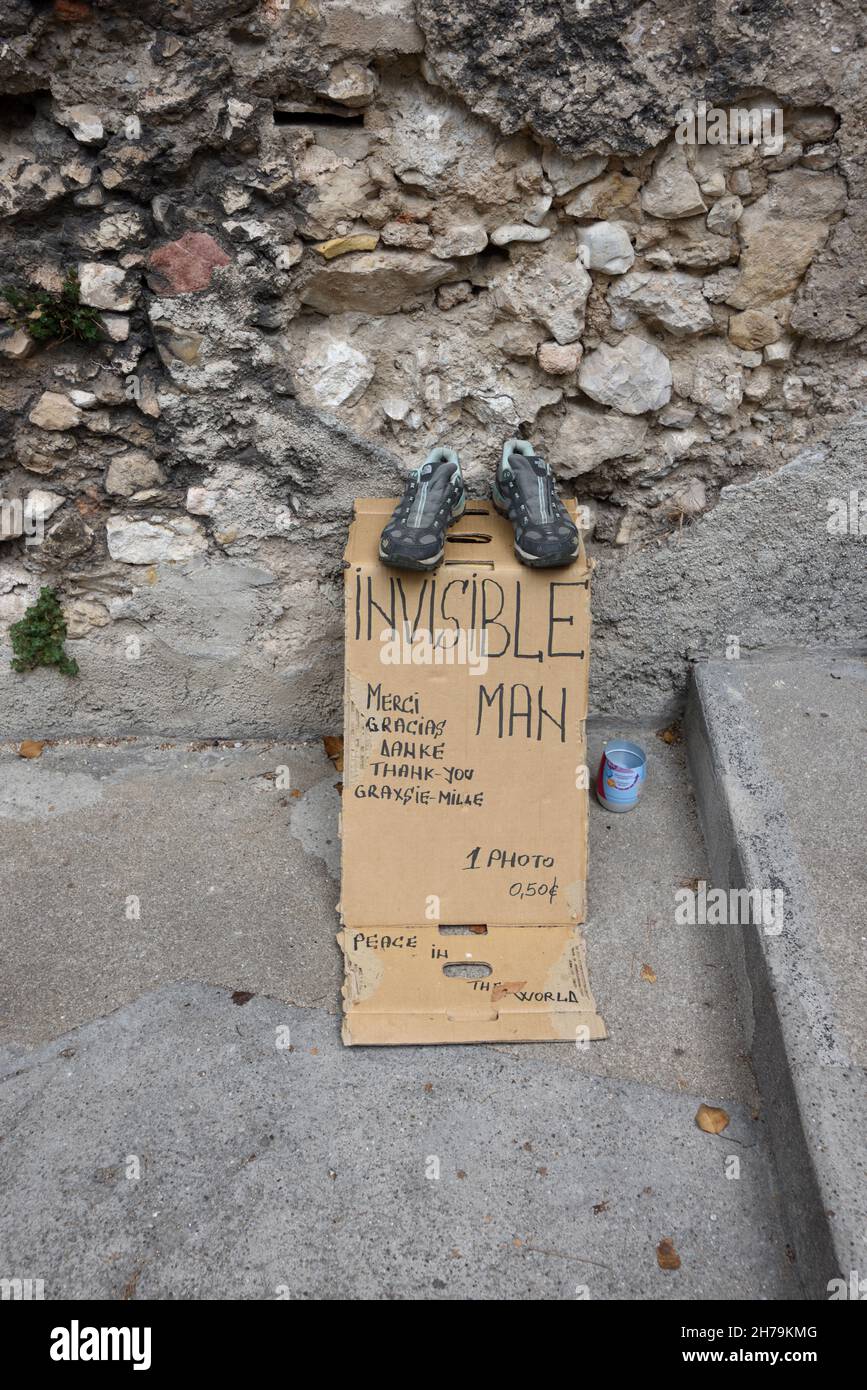 Invisible Man Witty Street Theatre Installed by Panhandler or Beggar in Nice Alpes-Maritimes France Stock Photo