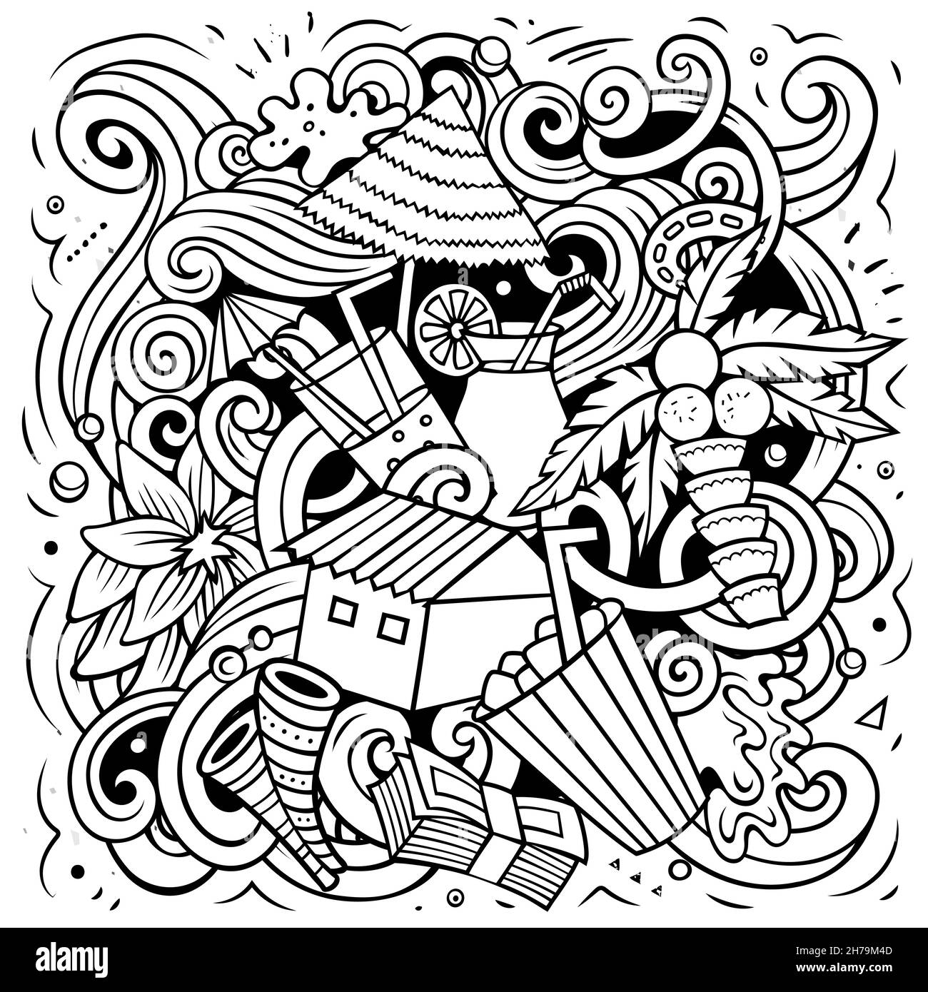 Maldives cartoon vector doodle illustration. Sketchy detailed composition with lot of Exotic island objects and symbols. Stock Vector