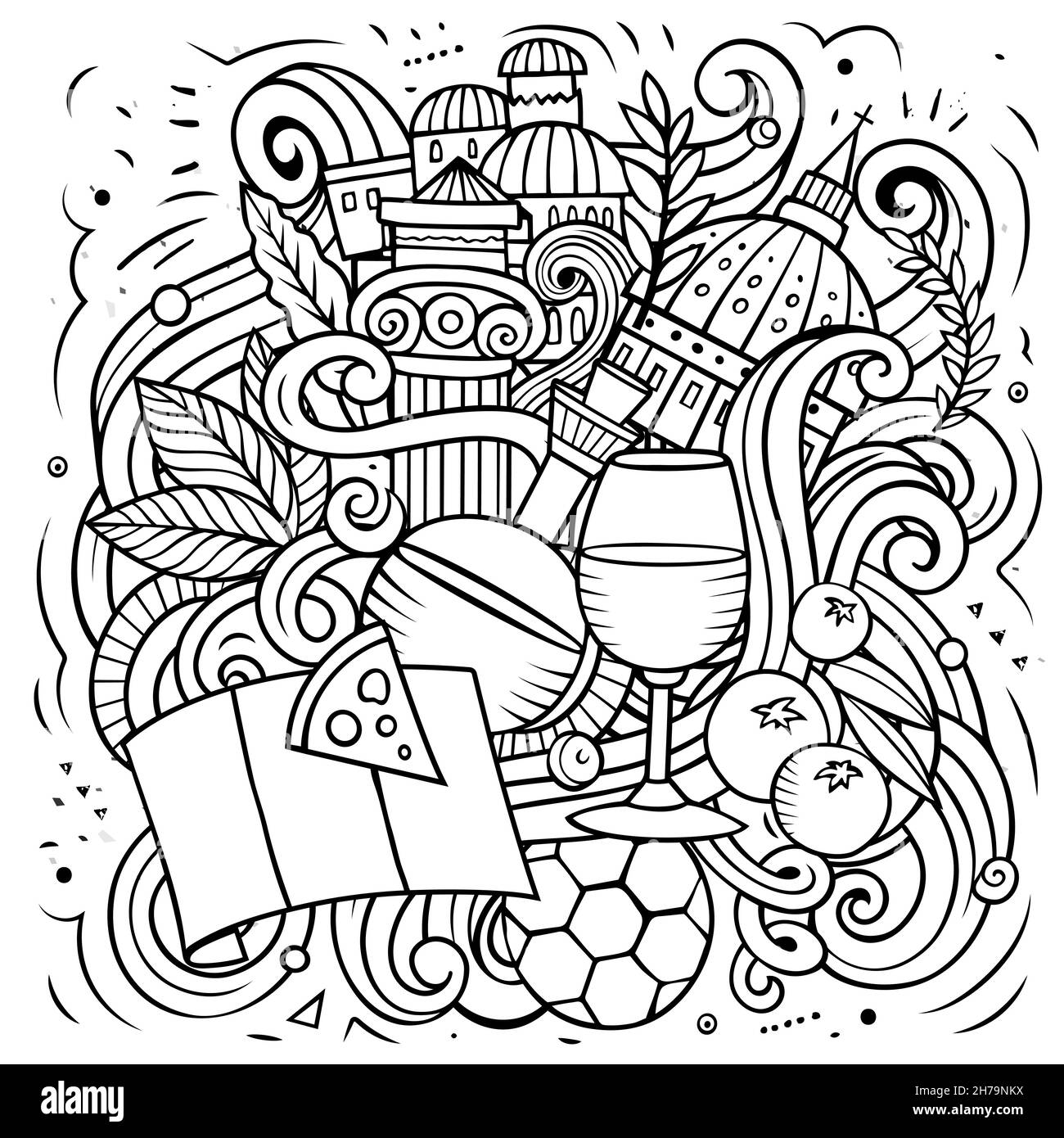 Italy cartoon vector doodle illustration. Sketchy detailed composition with lot of Italian objects and symbols Stock Vector