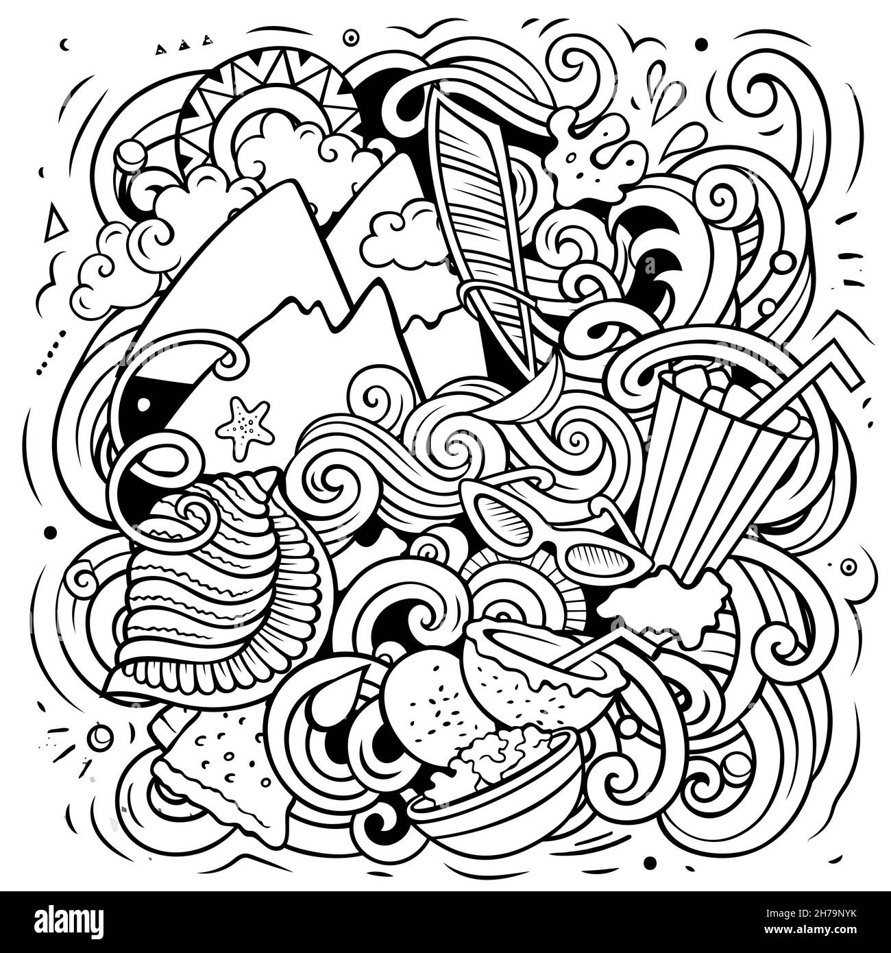 Mauritus cartoon vector doodle illustration. Sketchy detailed composition with lot of Exotic island objects and symbols. Stock Vector