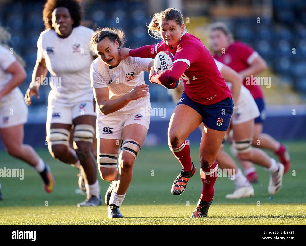 England's Leanne Infante is tackled by Hallie Taufoou of the USA during the Autumn International match at Sixways Stadium, Worcester. Picture date: Sunday November 21, 2021. Stock Photo