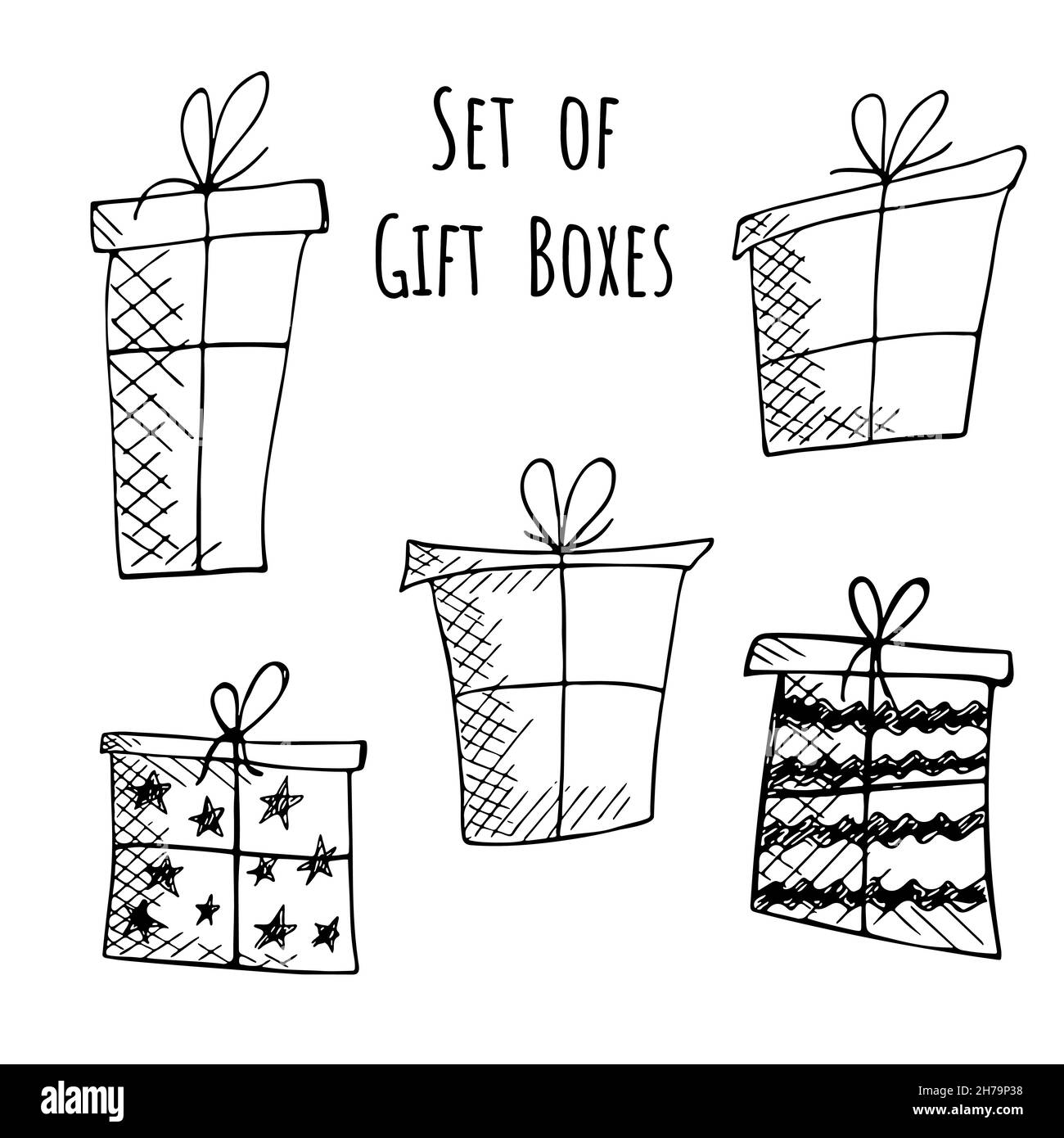 Set of hand drawn doodle vector gift boxes with bows and ribbons ...