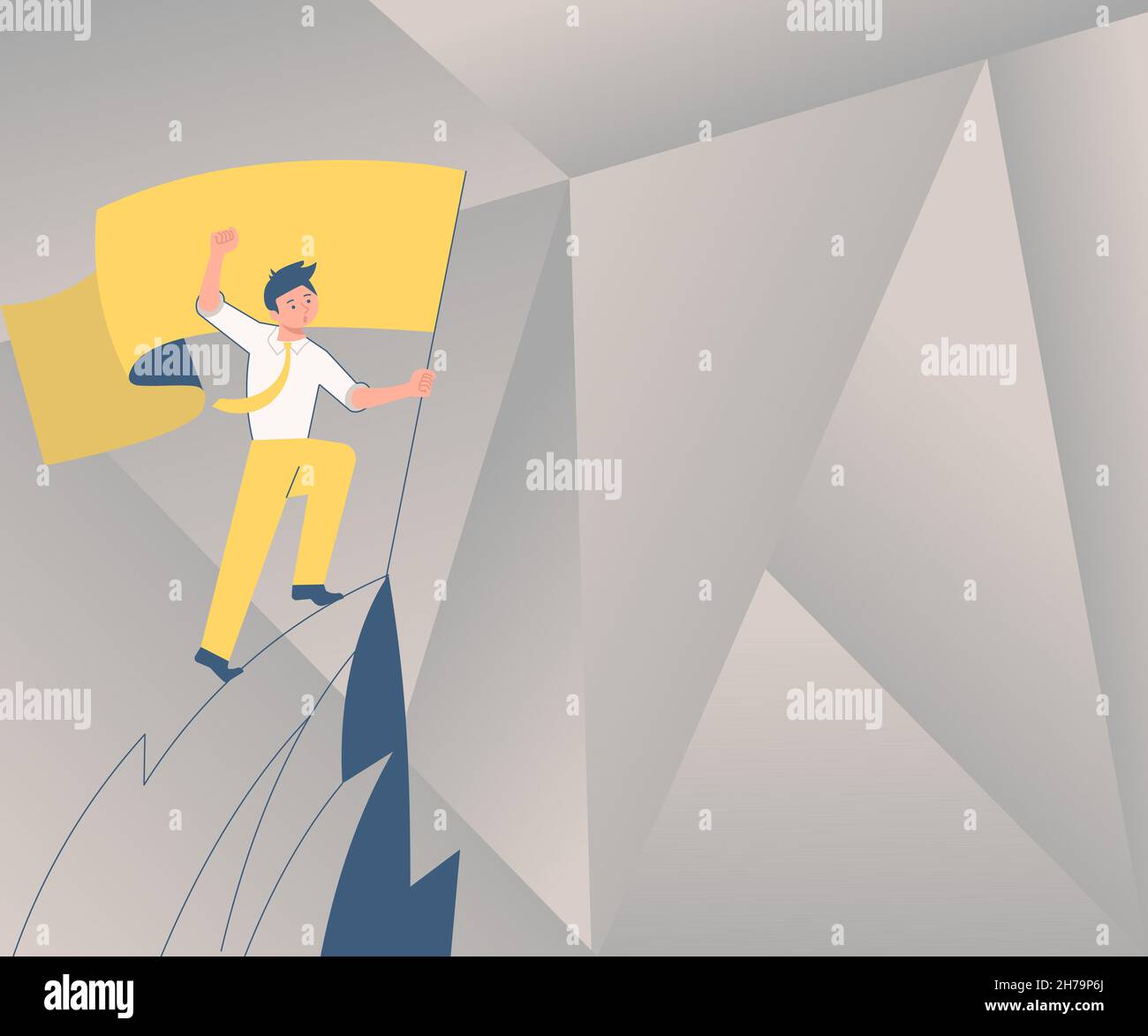 Man On A Mountain Drawing Proud Of His Climbing Success To The Clouds. Athlete On A Cliff Celebrating Achievement Ascending To The Top. Sports Guy Stock Vector