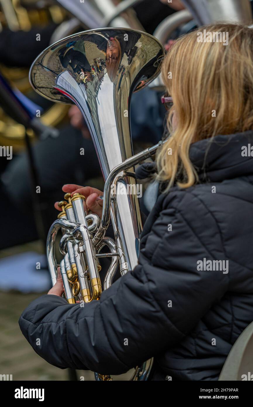 female playing a tenor horn euphonium or baritone in a traditional british  brass band, female brass player, woman playing a brass band musical horn  Stock Photo - Alamy