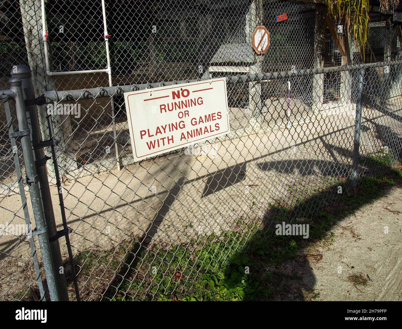 No Running Or Playing Games With Animals sign at the Octagon Wildlife Sanctuary in Punta Gorda, Florida, USA, 2020 © Katharine Andriotis Stock Photo