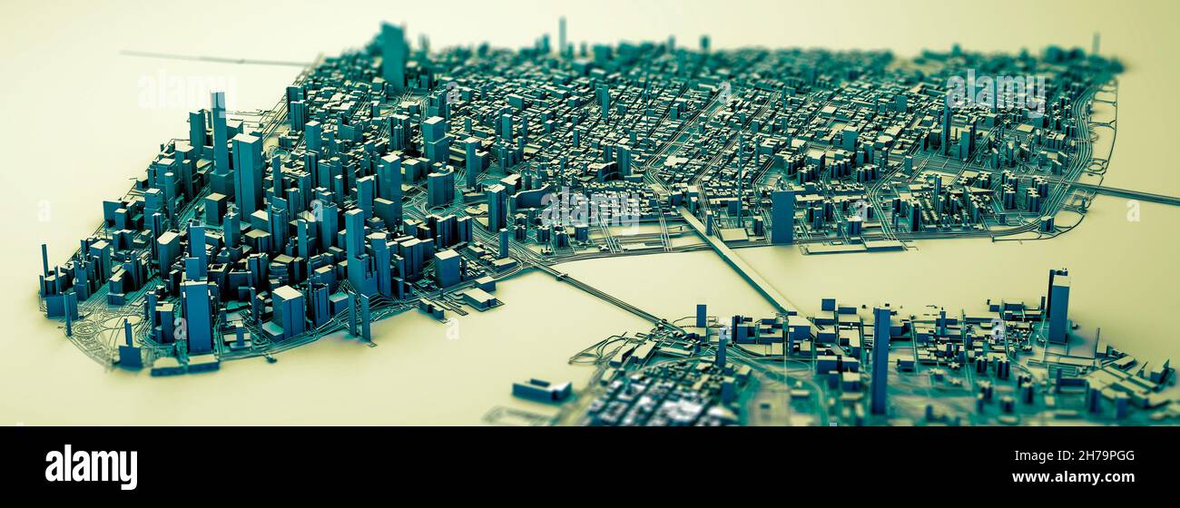 Aerial view of New York map, buildings and streets of Manhattan and Brooklyn, 3d buildings. NYC. Old style. 3d rendering Stock Photo