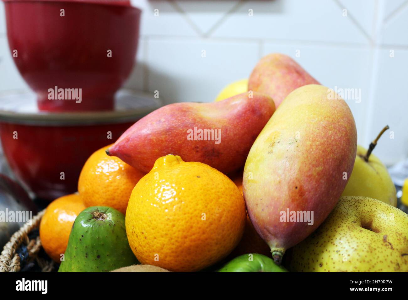 Citrus fruits in a fruit bowl. Tropical fruits always present in Brazilian homes. Stock Photo