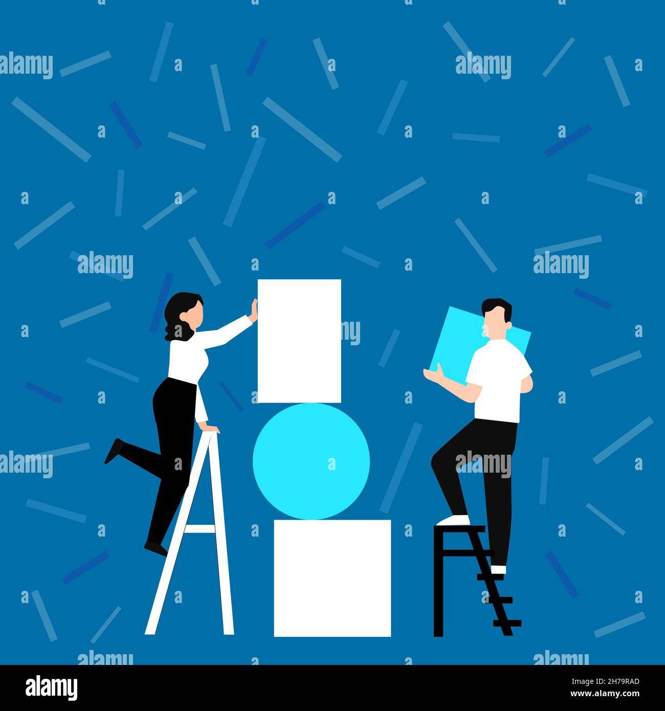 Couple Drawing Using Ladder Helping Each Other Placing Big Empty Picture Frames To A Wall. Partners Drawing Standing To Extension Stairs Installing Stock Vector