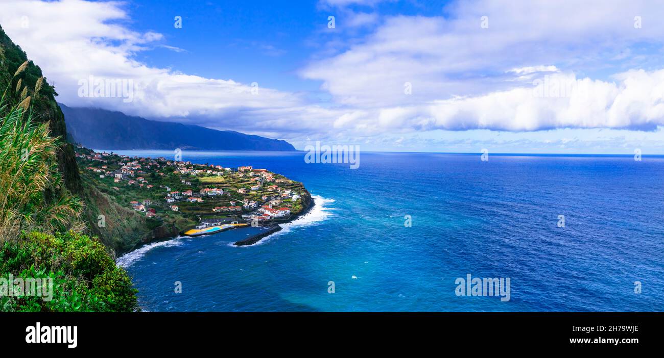 Madeira island sea nature scenery. top view of beautiful village Ponta Delgada in northern part. Portugal travel Stock Photo