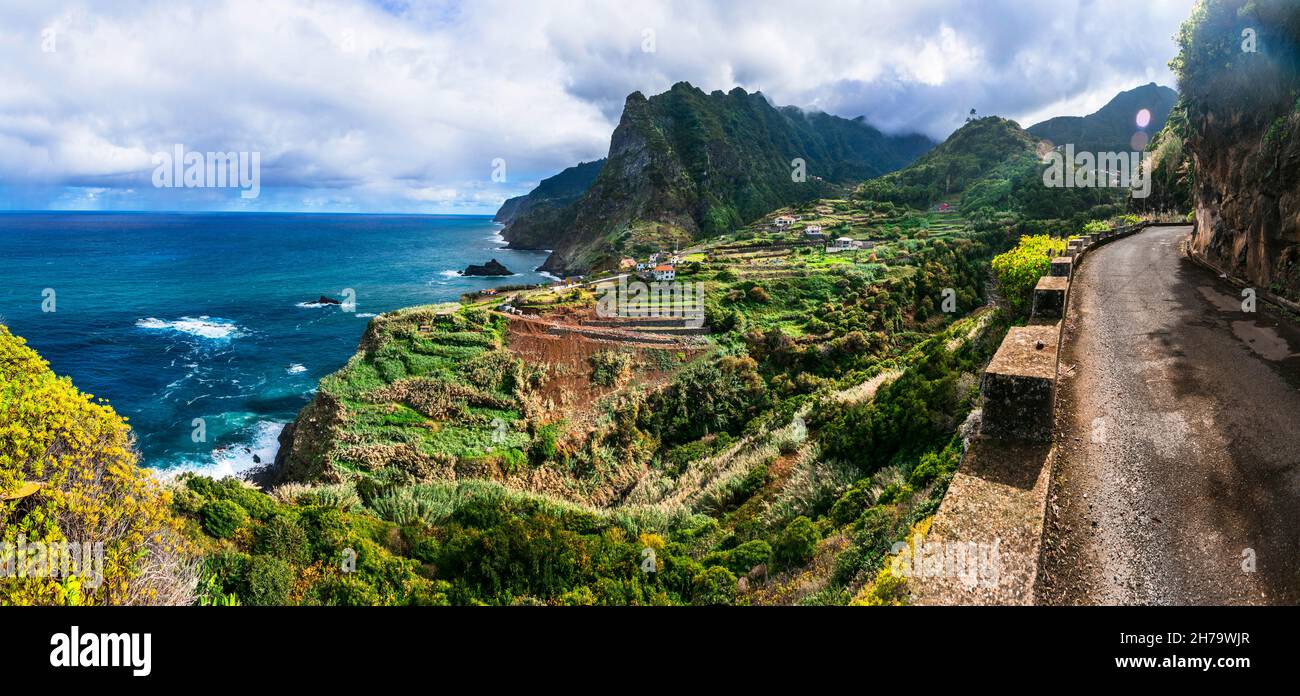 Madeira island, incredible beauty nature scenery. Viewpoint (Miradouro) of Sao Cristovao with impressive rock. Boaventura , northern part of the islan Stock Photo