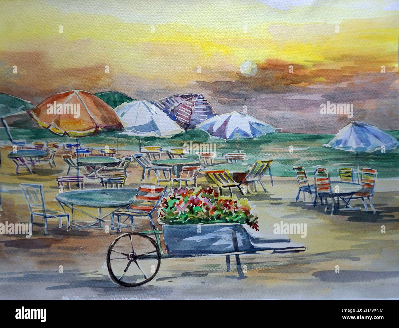 Art painting Hand drawn watercolor Colorful seaside lounge chairs pattern from Thailand Stock Photo