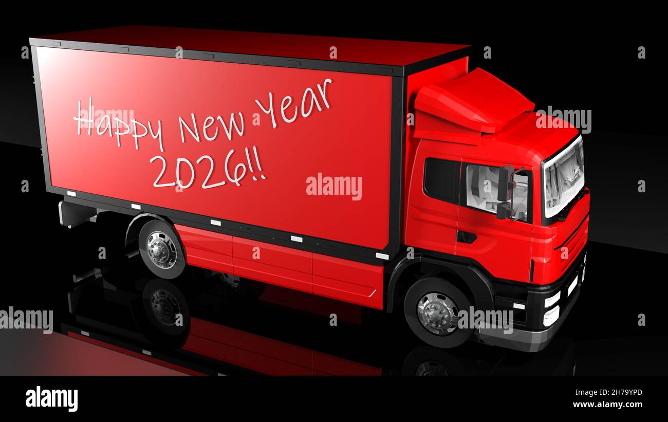 Red truck with write HAPPY NEW YEAR 2026 Stock Photo Alamy