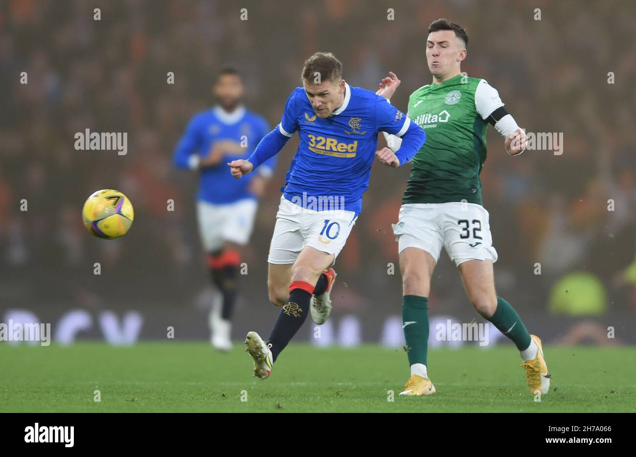 Glasgow, Scotland, 21st November 2021. Steven Davis of Rangers and Josh Campbell of Hibernian  during the The Scottish League Cup match at Hampden Park, Glasgow. Picture credit should read: Neil Hanna / Sportimage Stock Photo