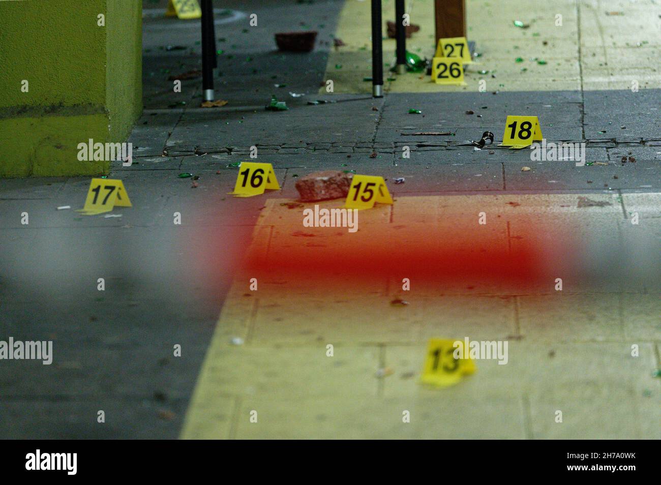 Dortmund Germany 21st Nov 21 Numerical Signs Used By Forensic Experts To Mark Objects Stand On A Sidewalk In The City Center Several People Were Injured In A Clash Between Two Groups