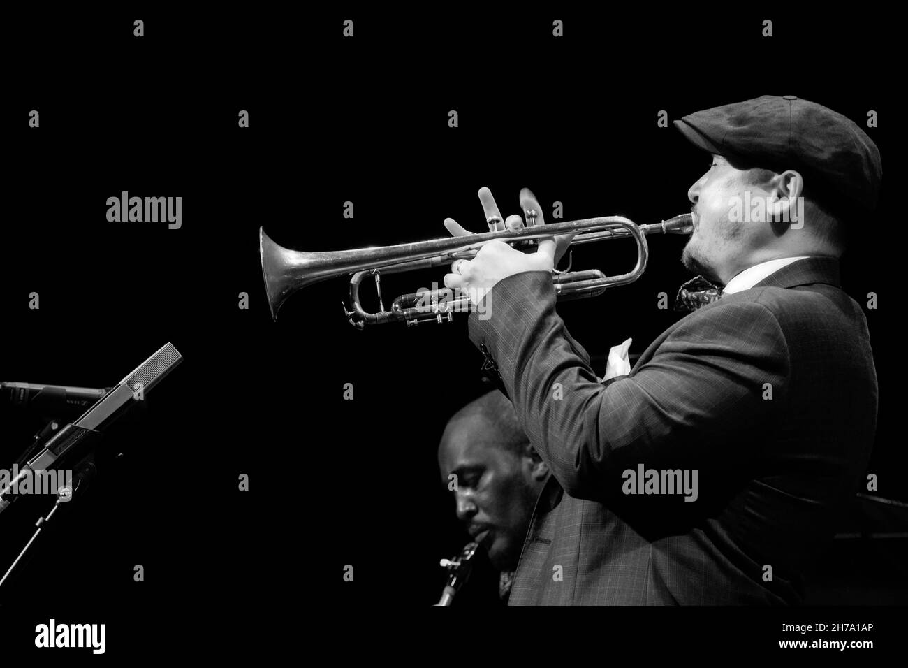 Andy Davies playing trumpet with Tony Kofi quintet, Scarborough Jazz Festival 2021, UK Stock Photo