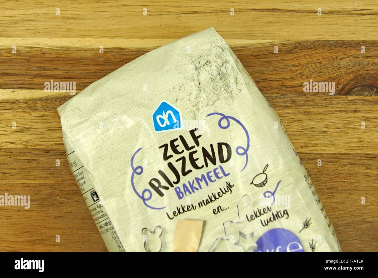 Zaandam, the Netherlands - November 21, 2020: Package of Albert Heijn self-raising flour against on a kitchen table., Stock Photo