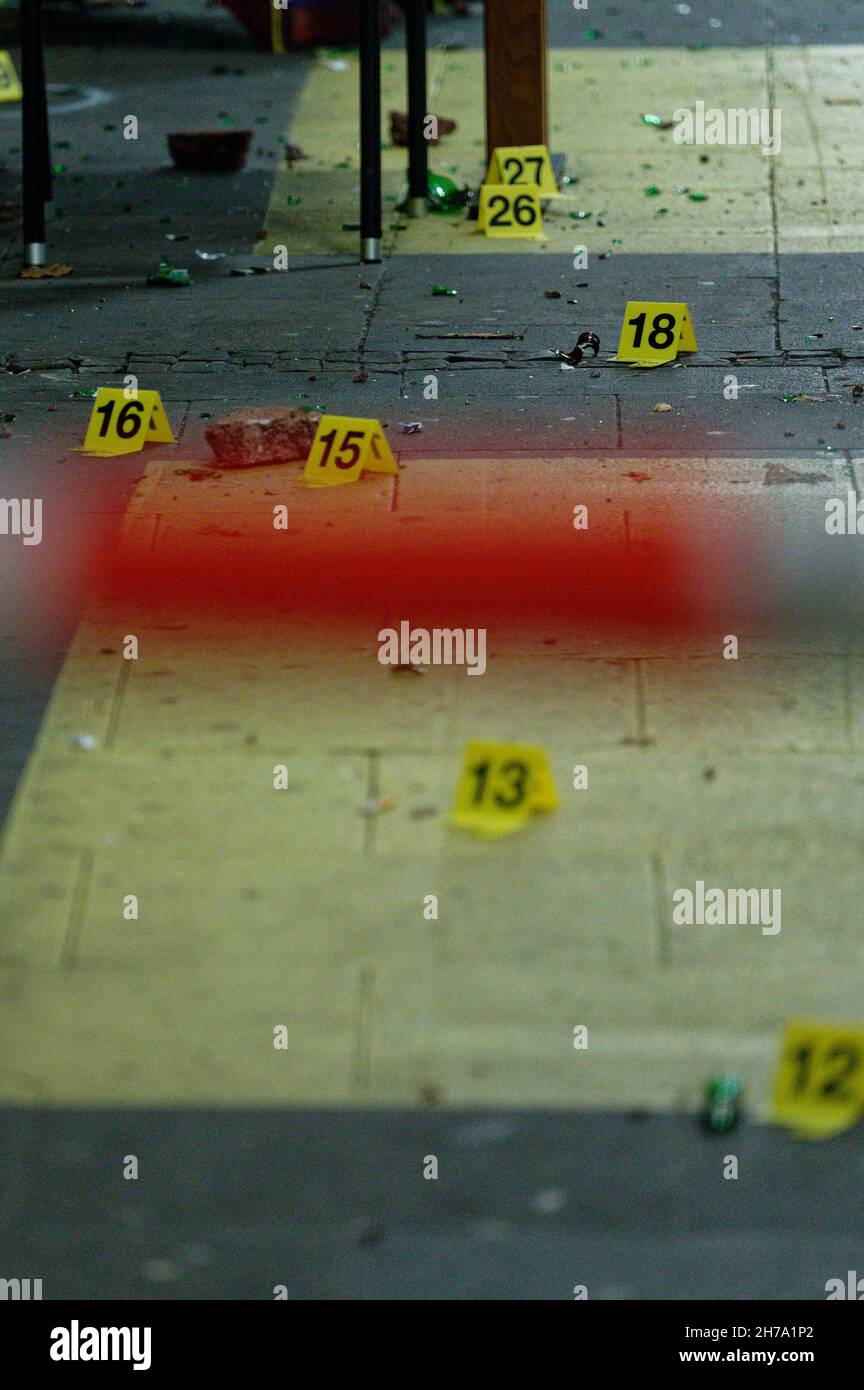 Dortmund Germany 21st Nov 21 Numerical Signs Used By Forensic Experts To Mark Objects Stand On A Sidewalk In The City Center Several People Were Injured In A Clash Between Two Groups