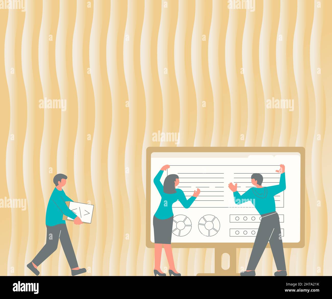 Colleagues Drawing Standing Beside Table Projection Graph Chart. Teammates Design Stands Surrounding Desk Presenting Virtual Presentation. Stock Vector