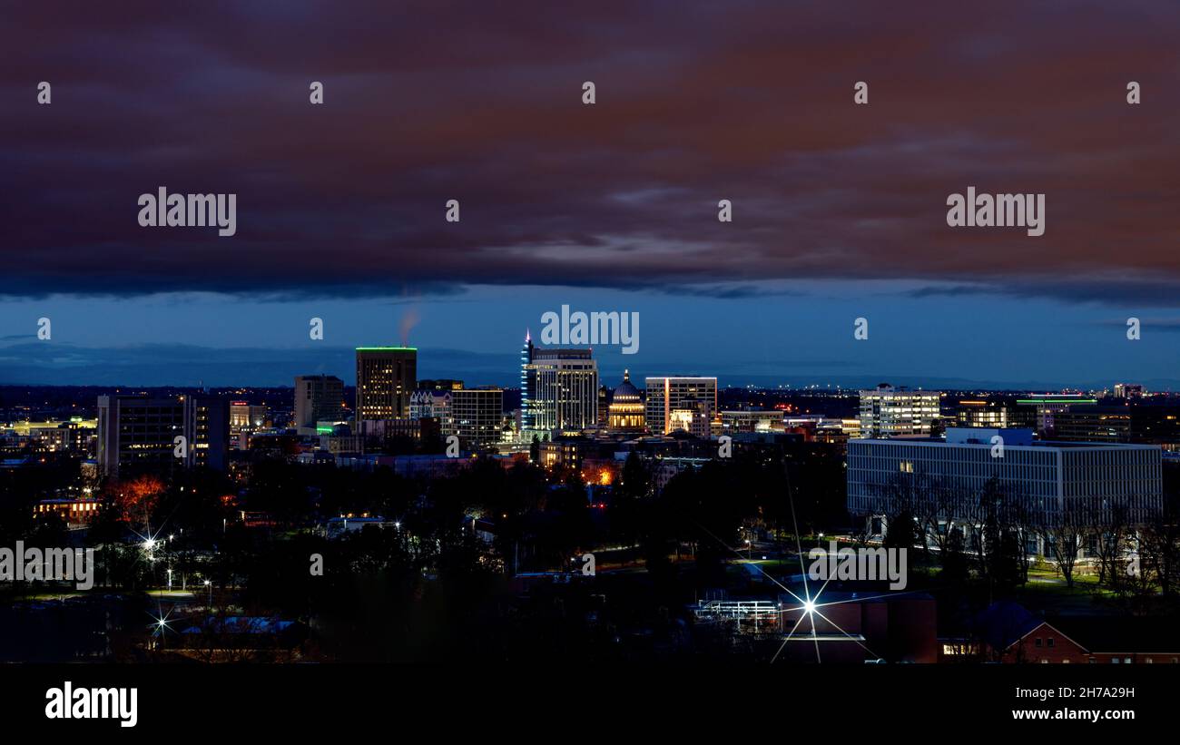 Beautiful skyline of Boise Idaho and night with the lights on Stock