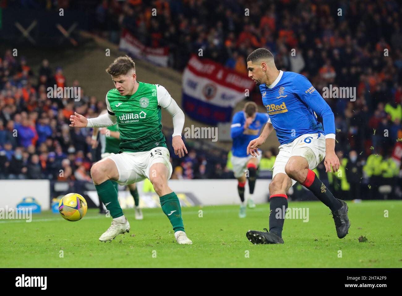 Glasgow, UK. 21st Nov, 2021. The semi final of the Premier Sports Cup took place between Rangers FC and Hibernian FC at Hampden Park stadium, Glasgow. The winner will go forward to play Celtic FC in the final on December 19th. Final score was Hibernian won by 3 goals to 1. Credit: Findlay/Alamy Live News Stock Photo