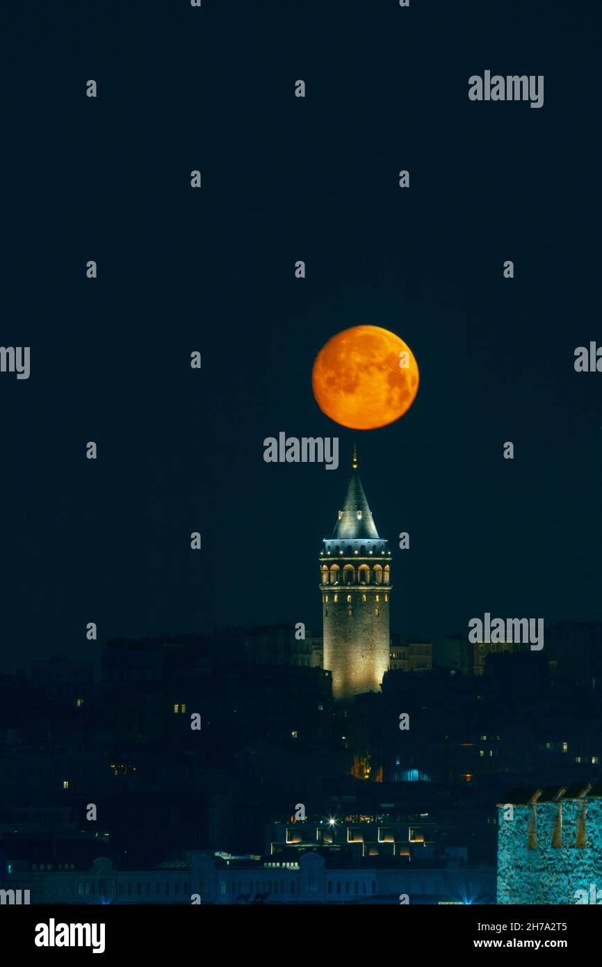 Galata Tower. Galata Tower and full moon at night from Salacak Stock ...