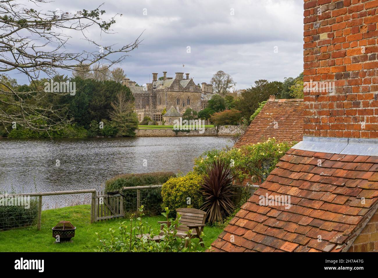 Beaulieu Palace House, home of Barons  Montagu, seen across Beaulieu river,  Beaulieu, Hampshire, England UK Stock Photo