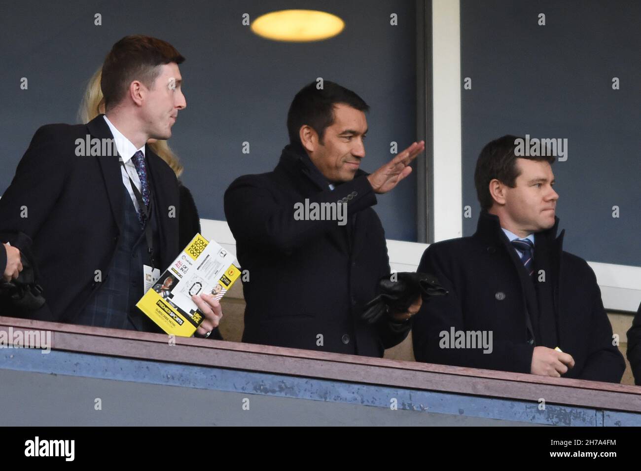 Glasgow, UK. 21st Nov, 2021. New Rangers Manager Giovanni van Bronckhorst sat in the stand during the The Scottish League Cup match at Hampden Park, Glasgow. Picture credit should read: Neil Hanna/Sportimage Credit: Sportimage/Alamy Live News Stock Photo