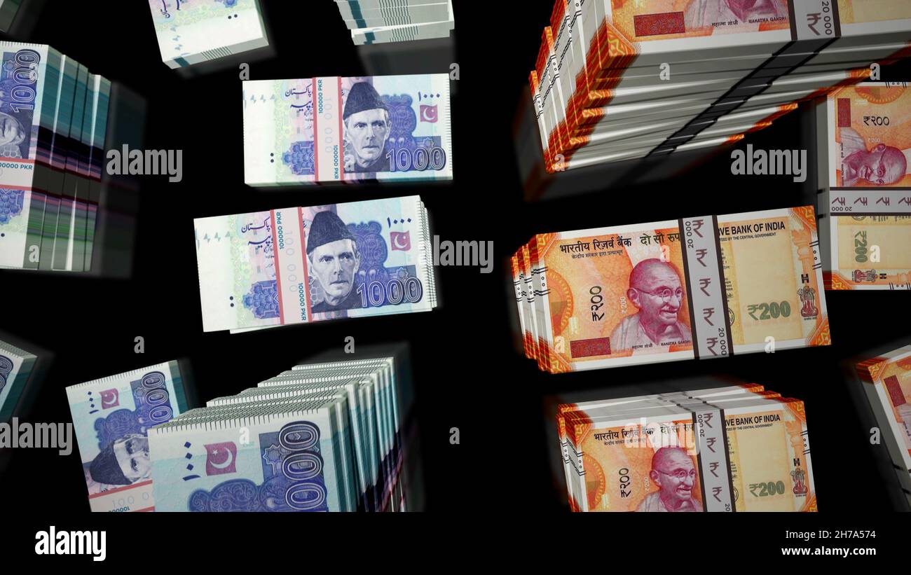 India and Pakistan Rupee money notes pack. Concept of crisis, economy, competition, trade, conflict, rivalry and finance. INR and PKR banknotes 3d ill Stock Photo