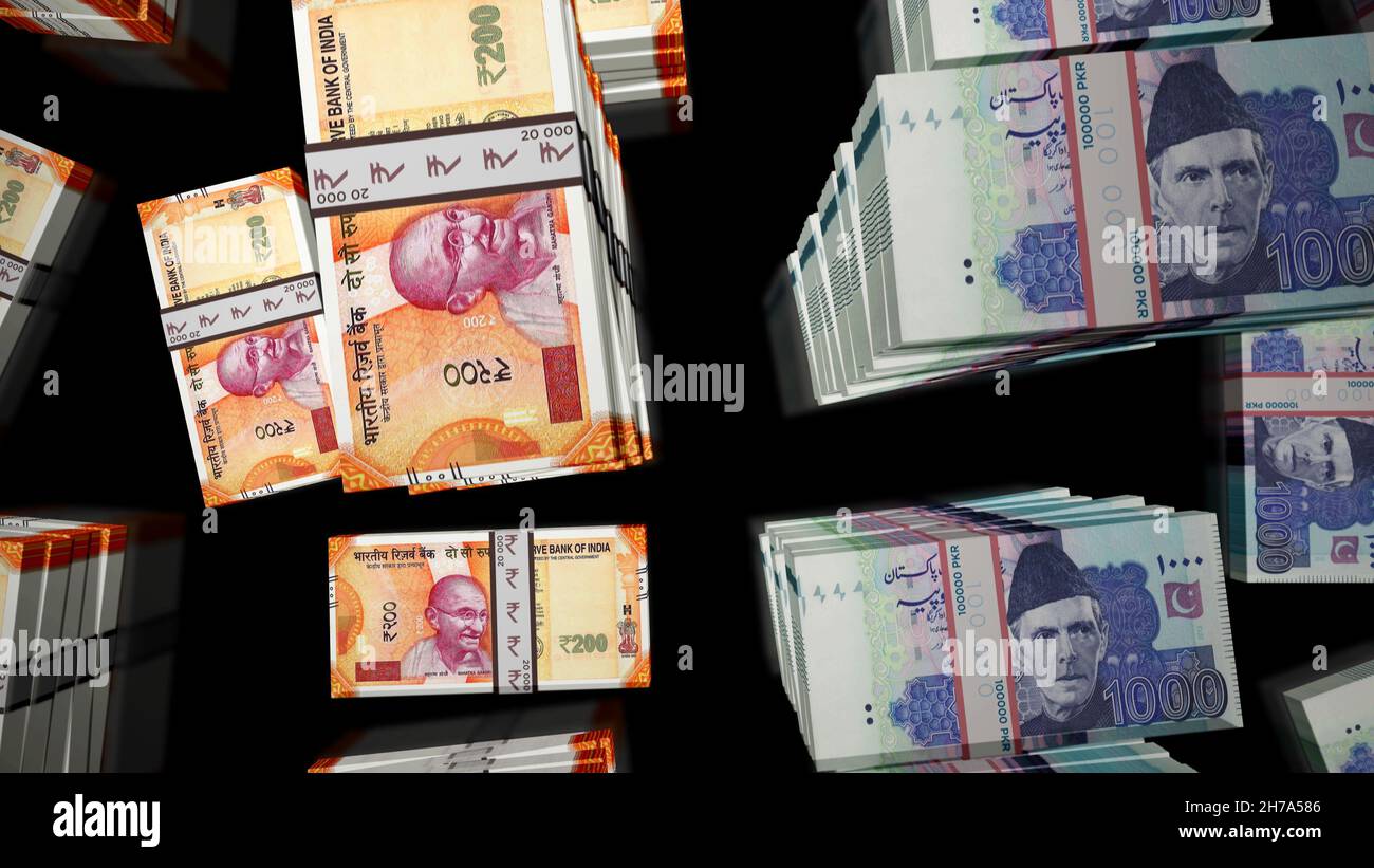 India and Pakistan Rupee money notes pack. Concept of crisis, economy, competition, trade, conflict, rivalry and finance. INR and PKR banknotes 3d ill Stock Photo
