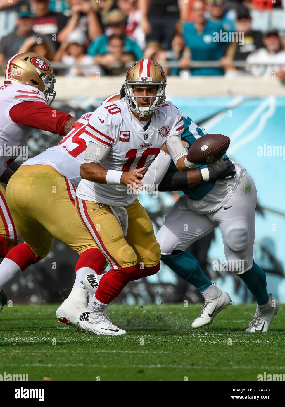 Jacksonville, FL, USA. 21st Nov, 2021. San Francisco 49ers safety Talanoa  Hufanga (29) before 1st half NFL football game between the San Francisco  49ers and the Jacksonville Jaguars at TIAA Bank Field