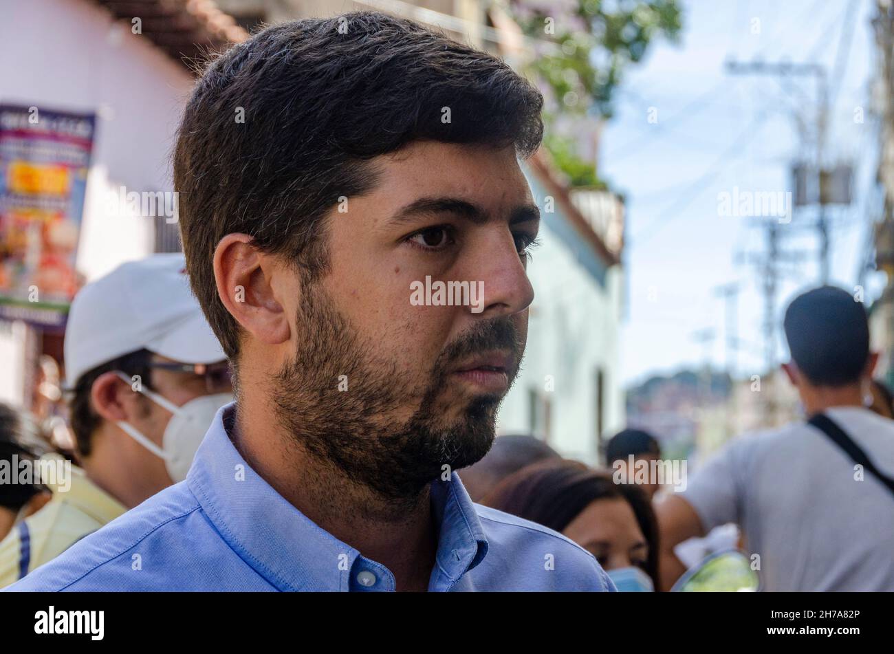 A candidate for the election of mayor of the Sucre municipality, Andres Schloeter, gives statements to the press. Venezuelans vote on Sunday, November Stock Photo