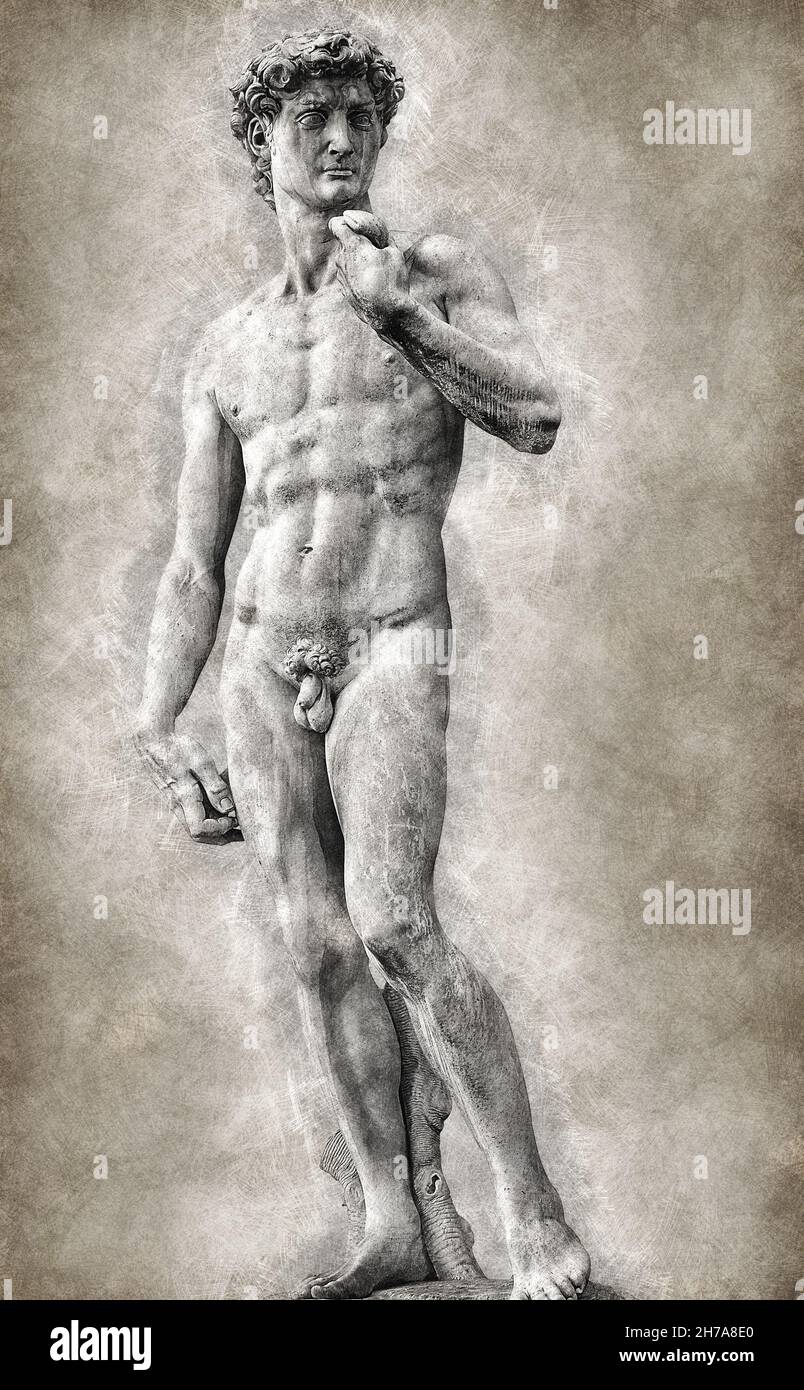 Digital sketch of David of Michelangelo on old paper Stock Photo