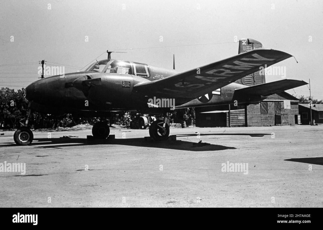 A photograph showing a Beech L-23A Seminole, serial number 52-6187, of the United States Army, taken at Airstrip A-2 near Seoul during the Korean War, in 1953 or 1954. Stock Photo