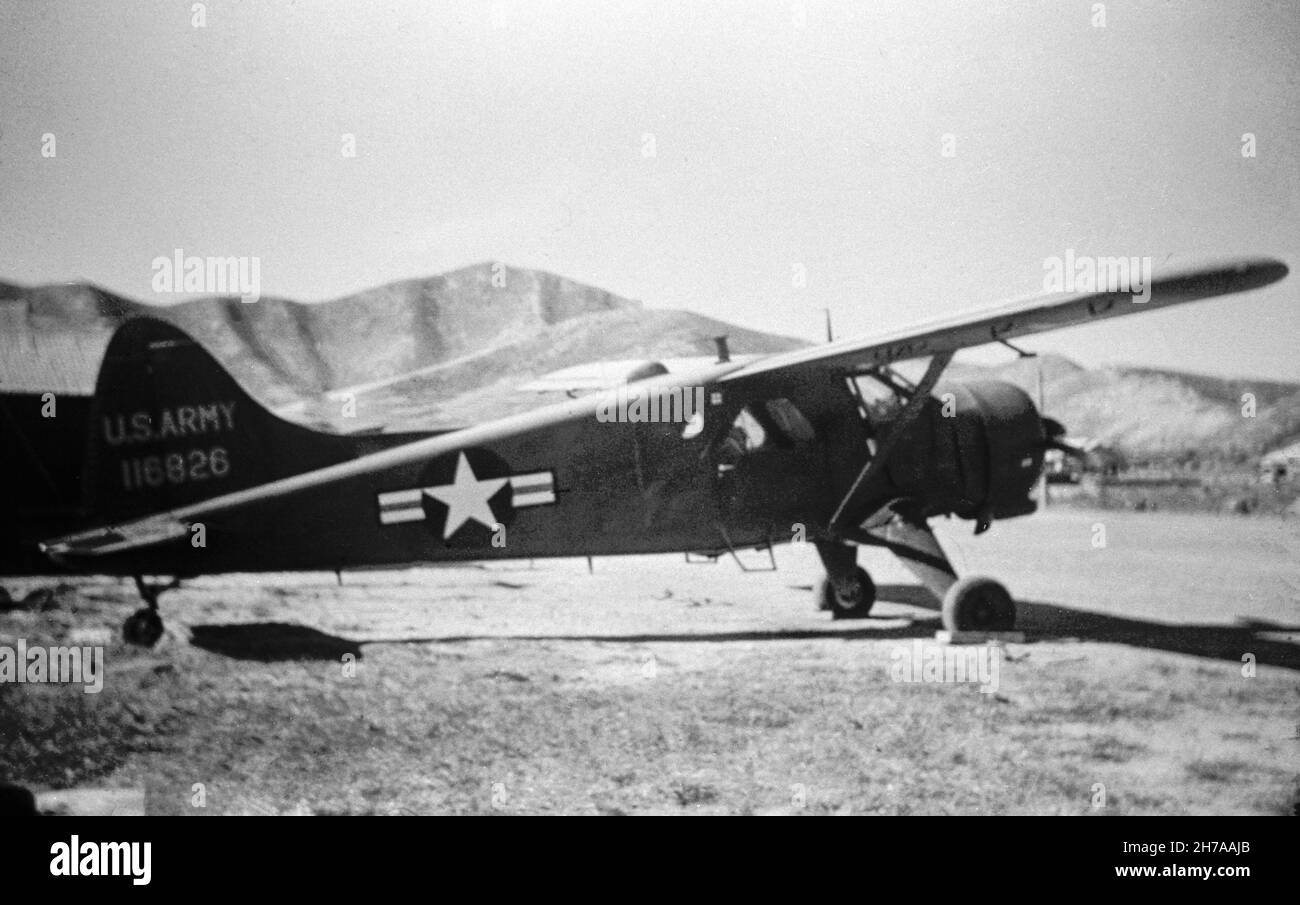 A photograph of a De Havilland Canada DHC-2 L-20 Beaver, of the United States Army, serial number 51-16826, taken at Airstrip A-33 in South Korea, during the Korean War, in 1953 or 1954. Stock Photo