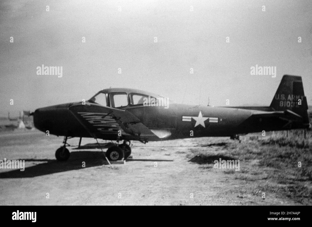 A photograph of a Ryan L-17B Navion aircraft, serial number 48-1032, of the United States Army, taken at Airstrip A-33, during the Korean War, in 1953 or 1954. Stock Photo