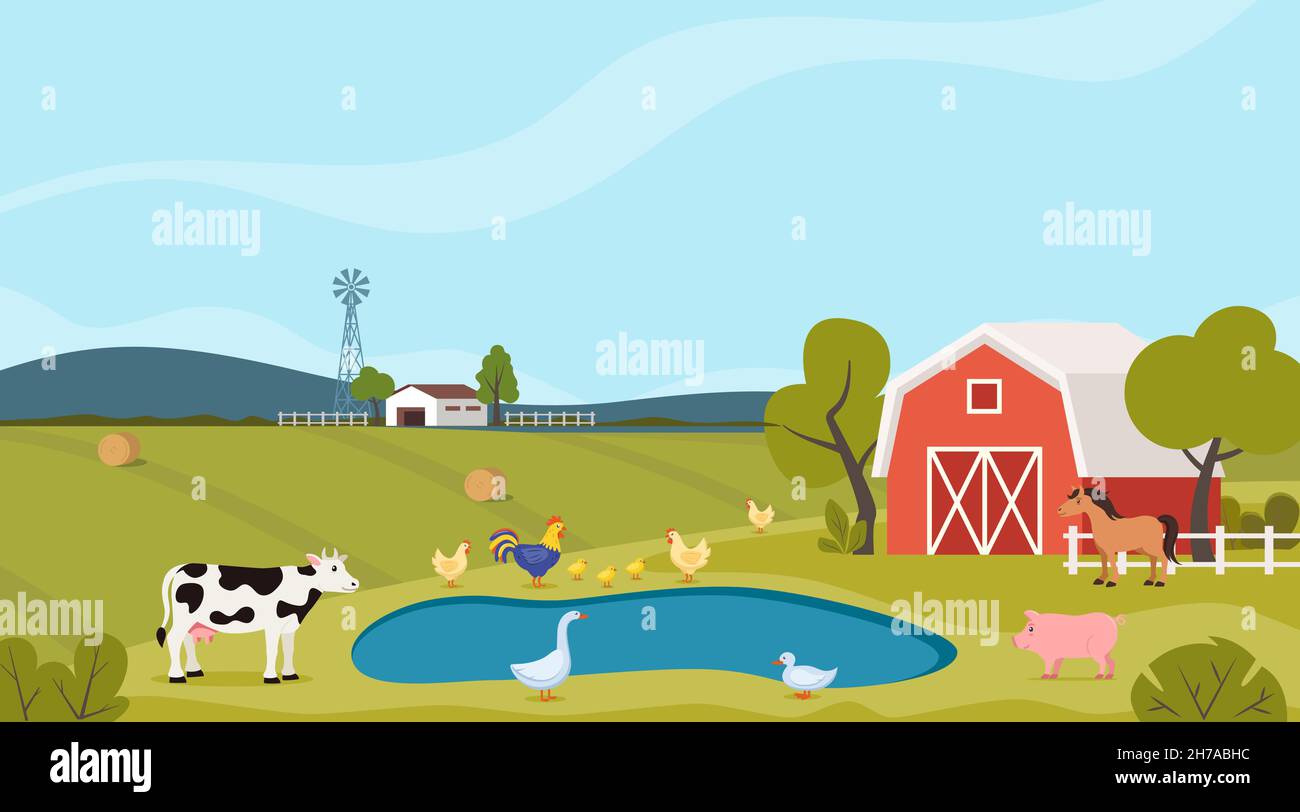 Rural farm landscape with green fields and pond. Village buildings ...