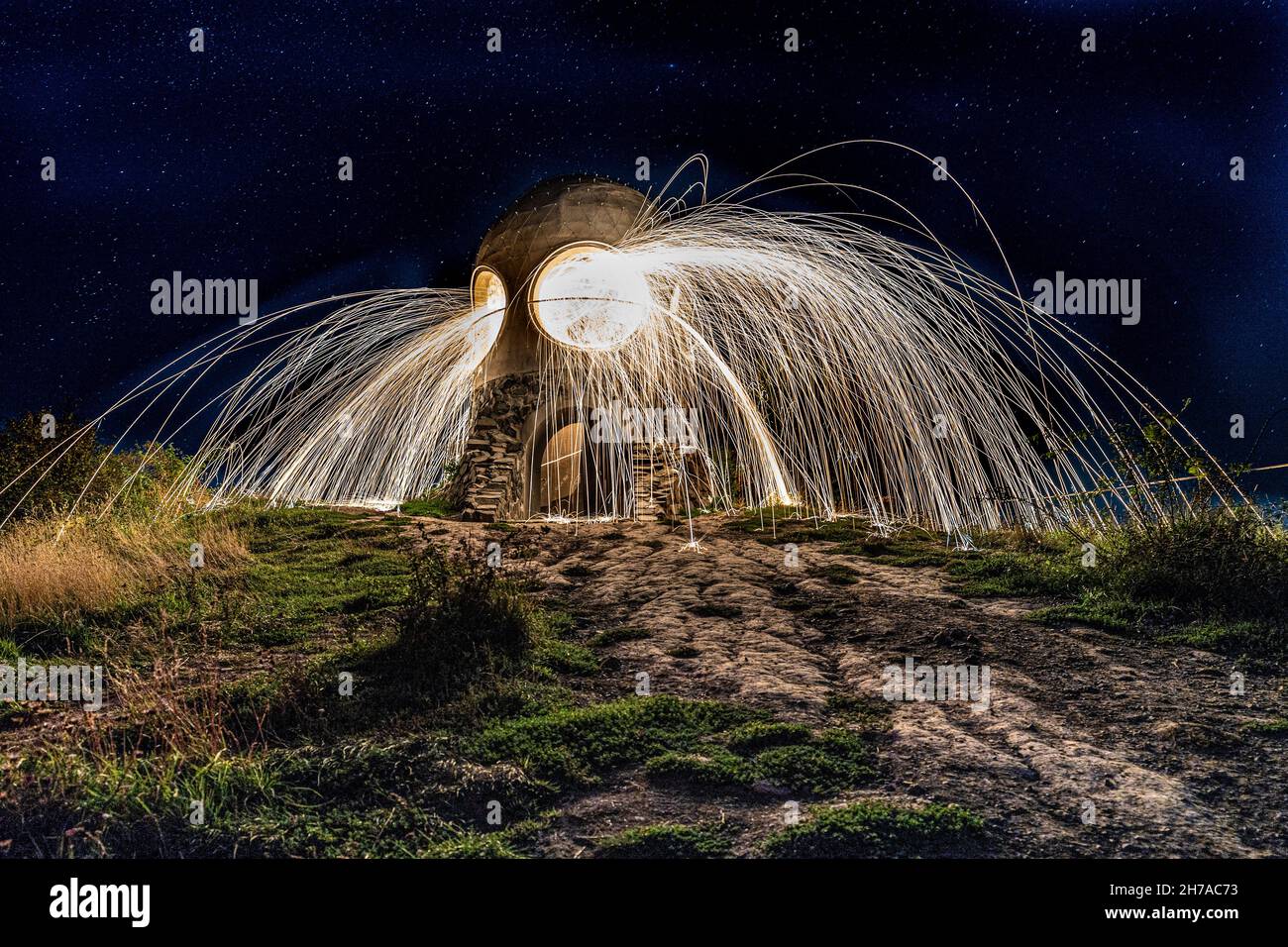 Light painting above the Ruženka lookout tower in Bohemian Switzerland Stock Photo