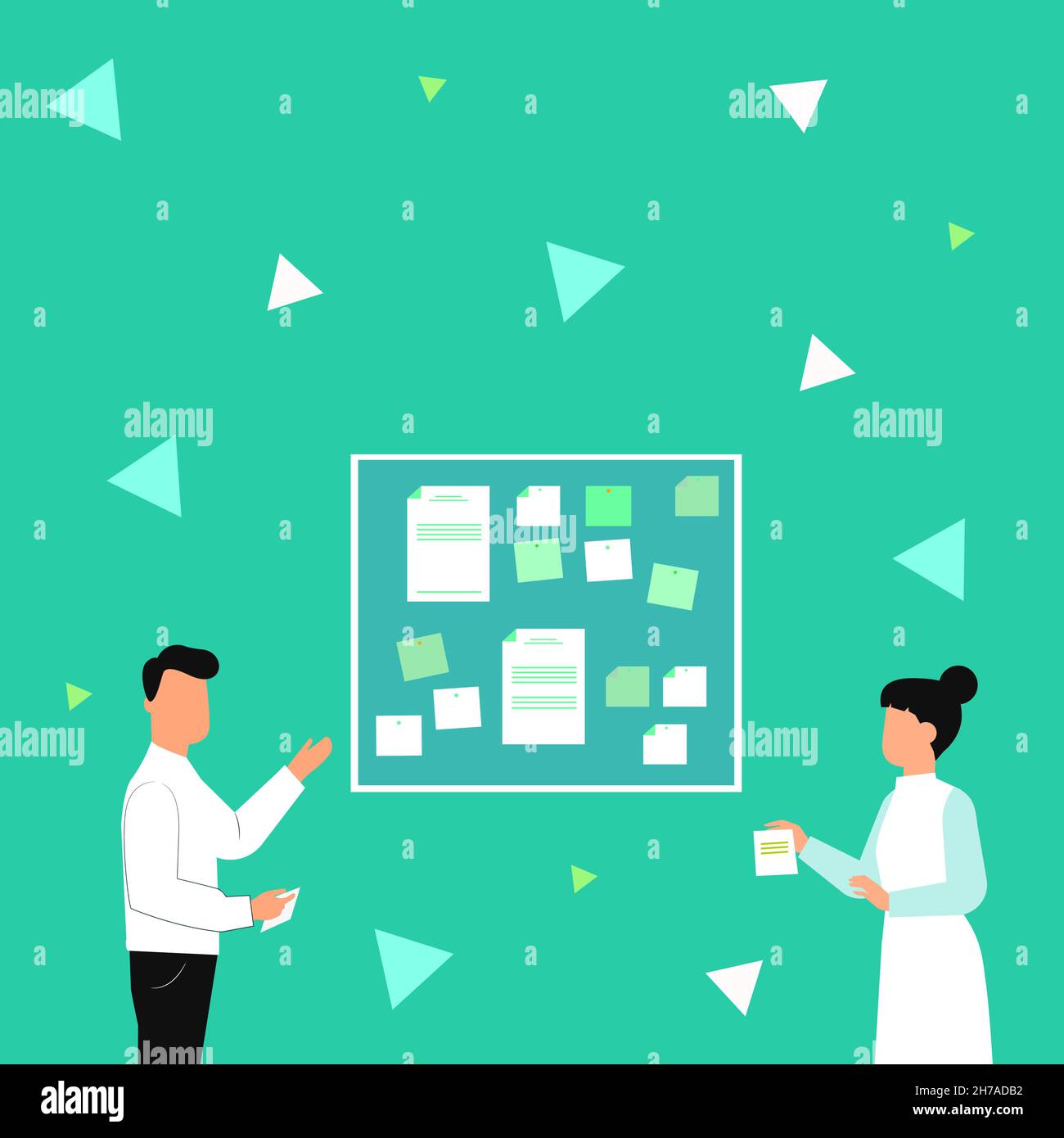 Illustration Of Couple Presenting New Amazing Ideas Holding Notes Sticking On Boards. Partners Drawing Sharing Old Wonderful Knowledge Handling Stock Vector