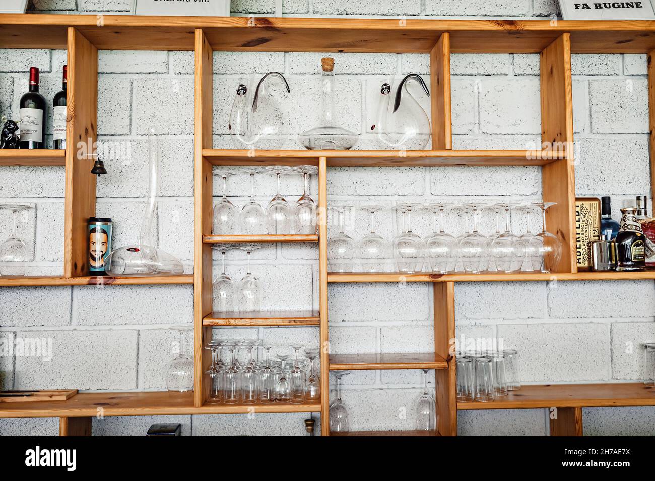 29 May 2021, Yehegnadzor, Armenia Shelf in the bar in the winery with empty decanters and