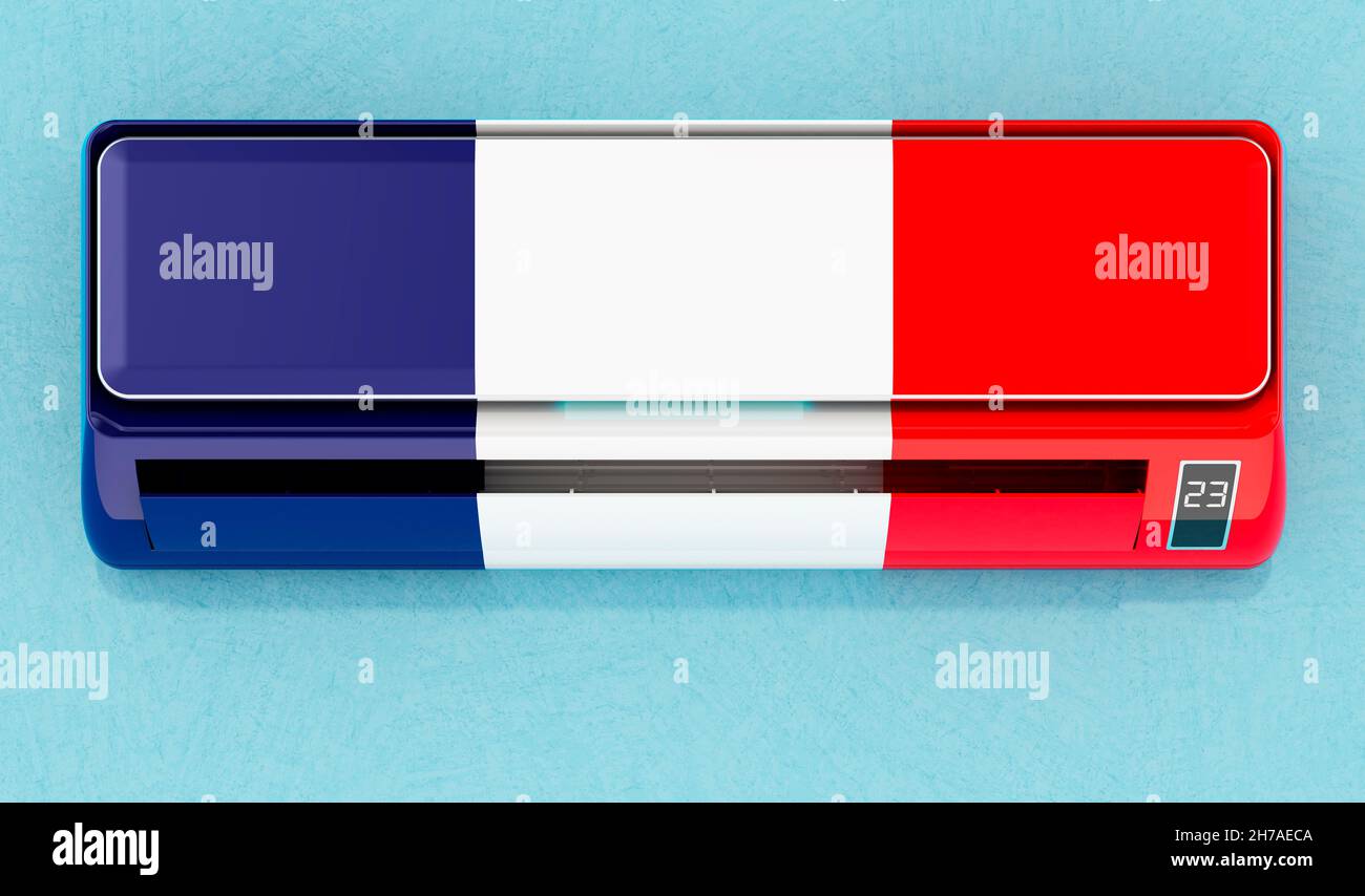 Air conditioner with French flag on the wall. House climate control system in France, concept