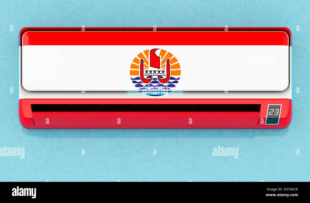 Air conditioner with French Polynesian flag on the wall. House climate