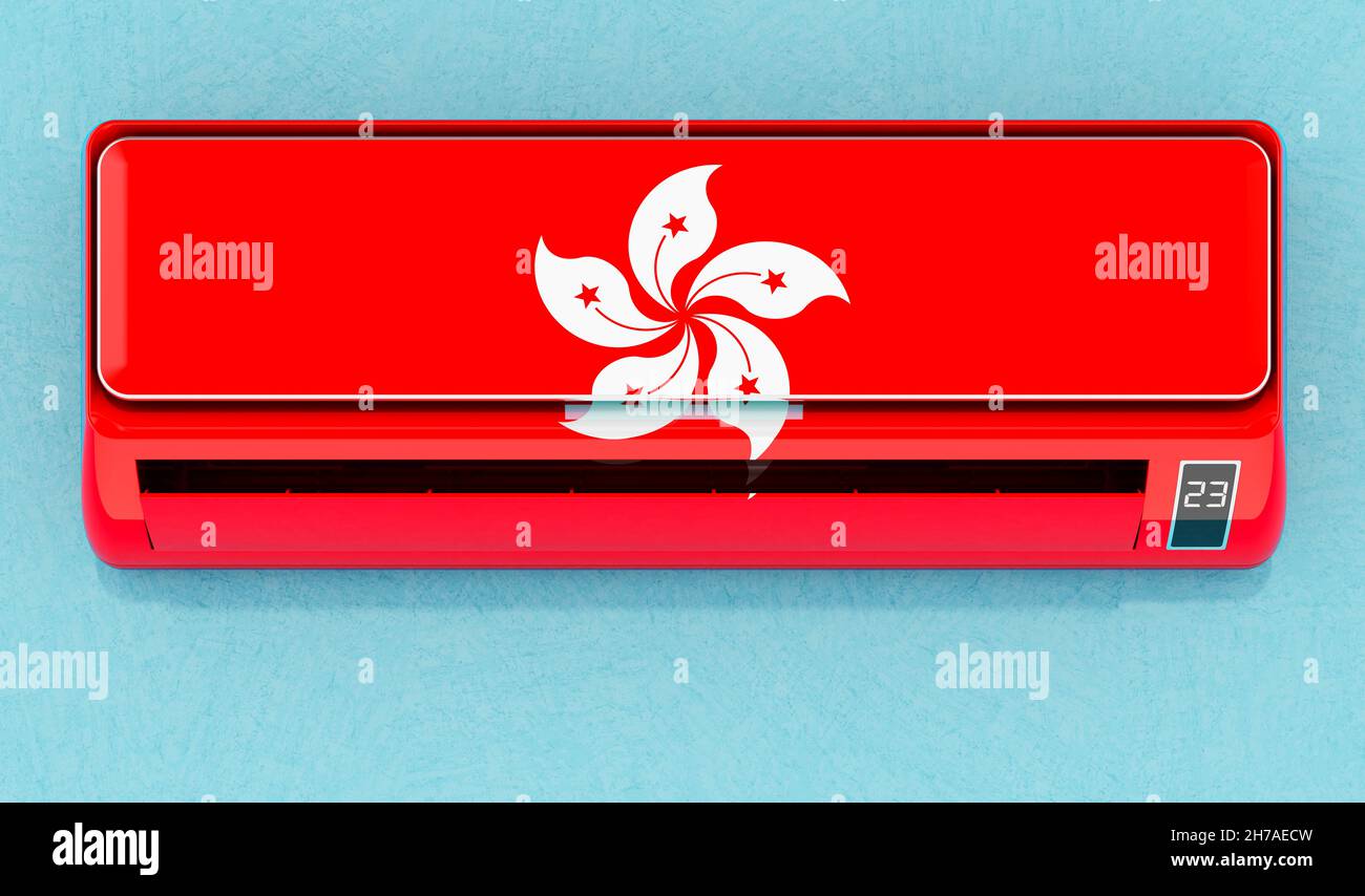 Air conditioner with Hong Kong flag on the wall. House climate control