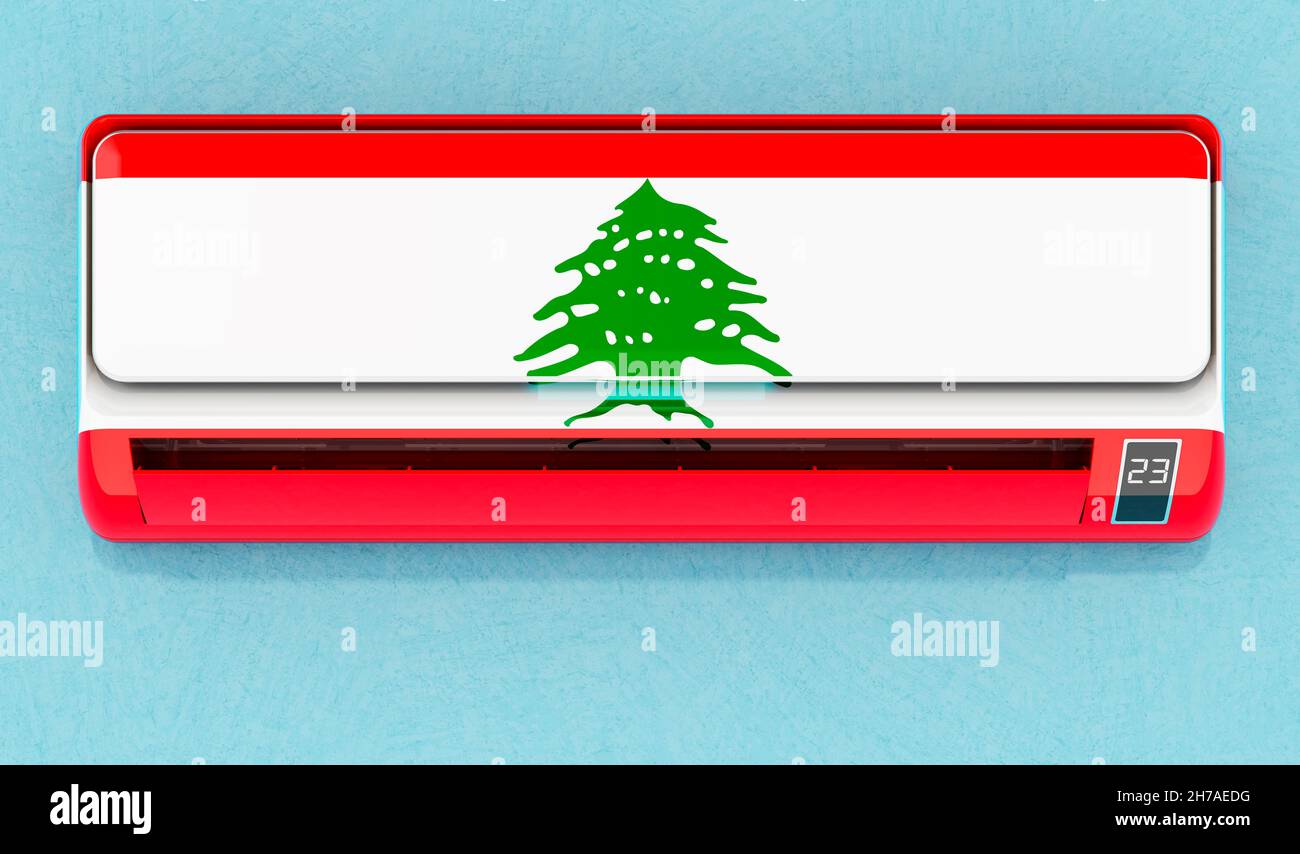 Air conditioner with Lebanese flag on the wall. House climate control