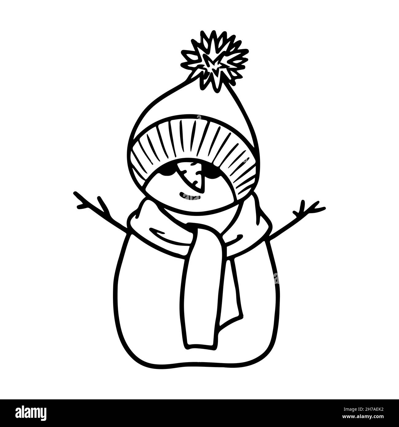 A cheerful snowman in a hat and scarf, isolated on a white background. Contour drawing. Doodle Stock Vector