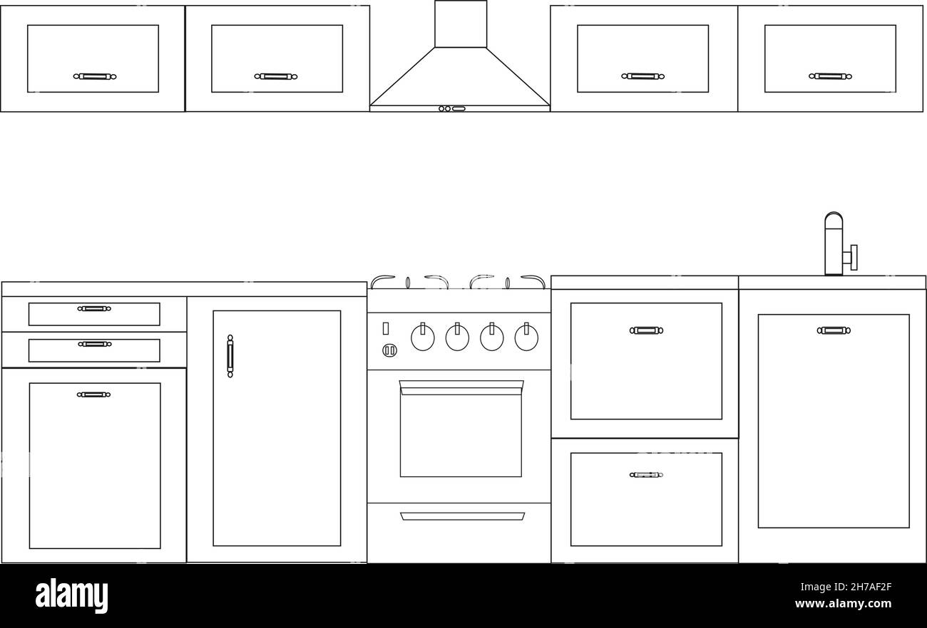 Kitchen in line art, scheme, decor Stock Vector