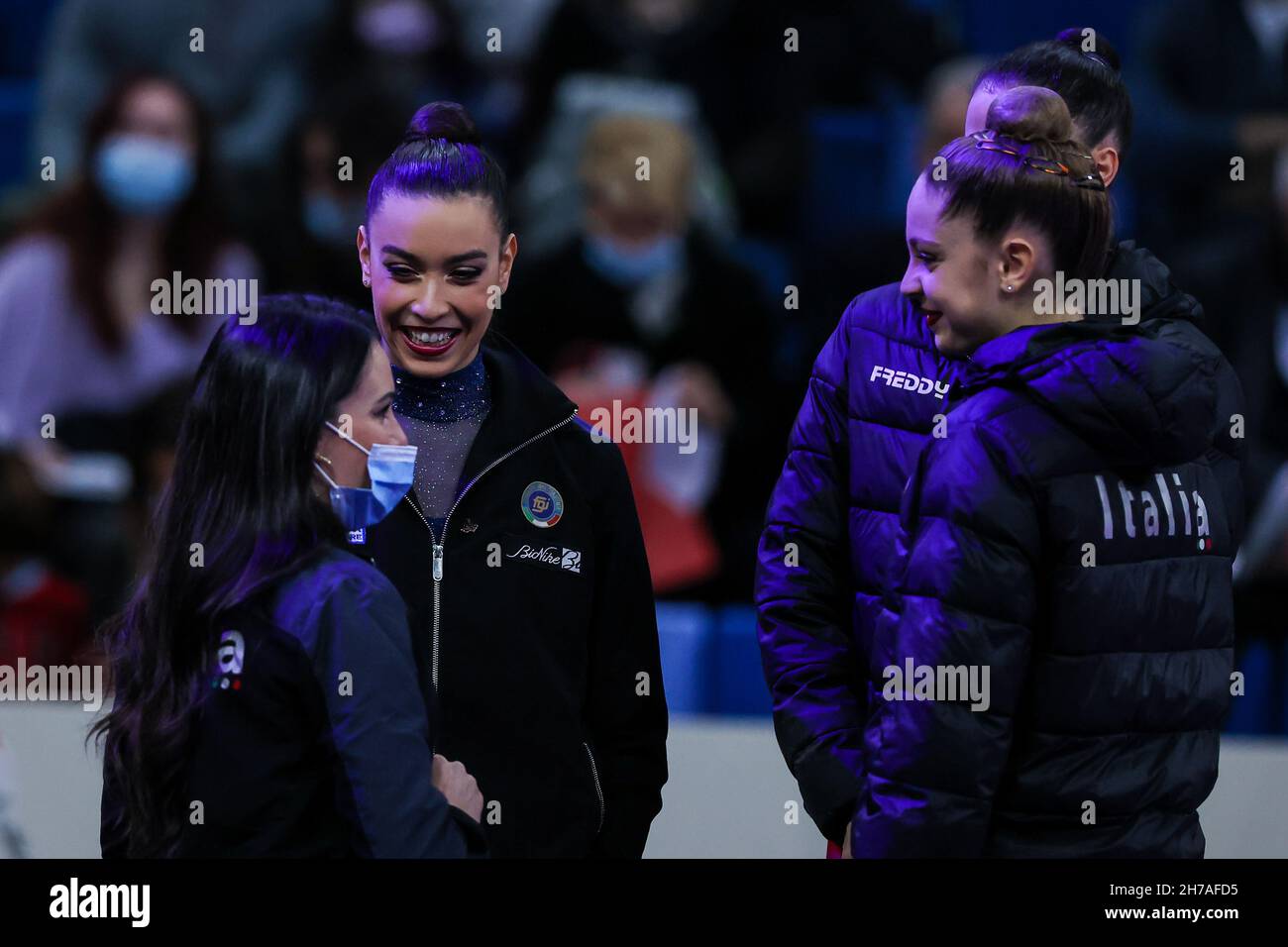Milan, Italy. 20th Nov, 2021. Alessia Maurelli of Rhythmic Italy Group with Vanessa Ferrari of GAF Italy Team and Martina Santandrea of Rhythmic Italy Group during the Gymnastics Grand Prix 2021 at Allianz Cloud Arena, Milan, Italy on November 20, 2021 Credit: Independent Photo Agency/Alamy Live News Stock Photo
