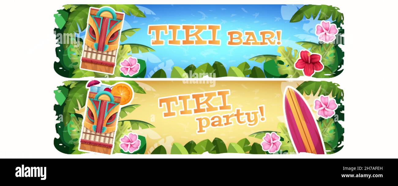 Horizontal banner with traditional hawaiian wooden tribal mask and tropical exotic plants and flowers. Summer dance party invitation, hawaii poster on white background. Cartoon vector illustration Stock Vector Image & Art - Horizontal banner with traditional hawaiian wooden tribal mask and tropical exotic plants and flowers. Summer dance party invitation, hawaii poster on white background. Cartoon vector illustration Stock Vector Image & Art -